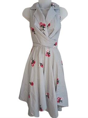 Eva Franco Retro Fit And Flare Striped Shirt Dress With Floral Embroidery Size 4